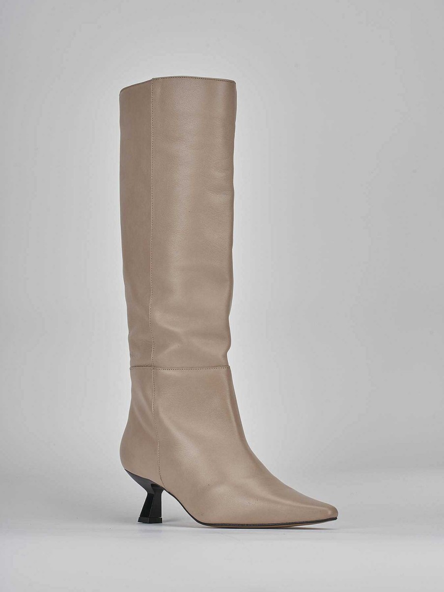 Donna Barca | Stivali Tacco Alto Tacco 5 Cm In Pelle Beige