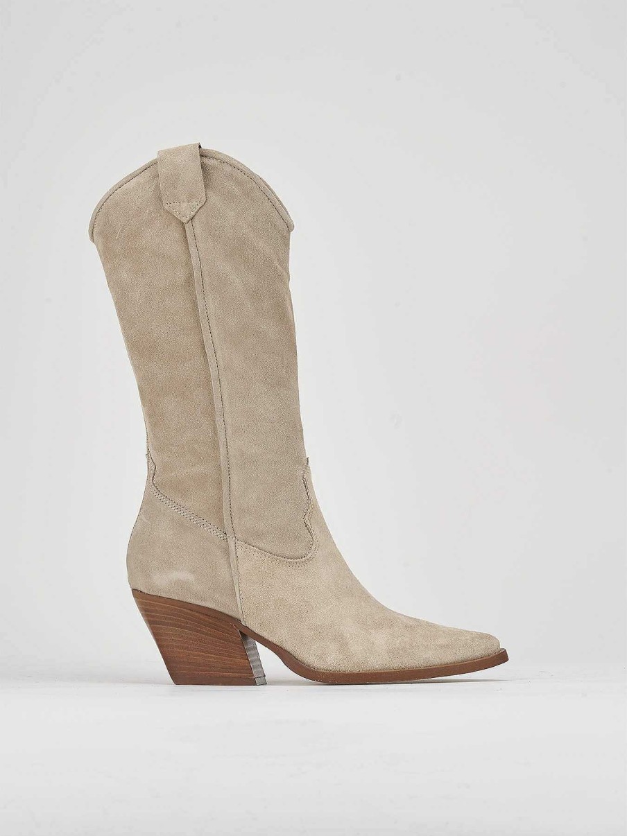 Donna Barca | Stivali Tacco Alto Tacco 7 Cm In Camoscio Beige