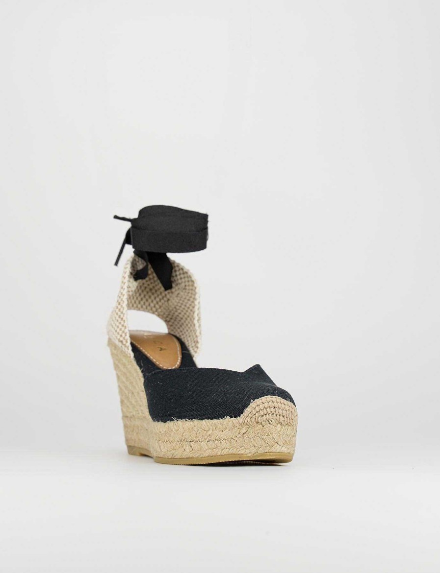 Donna Barca | Espadrilla Zeppa 9 Cm Nero Tessuto