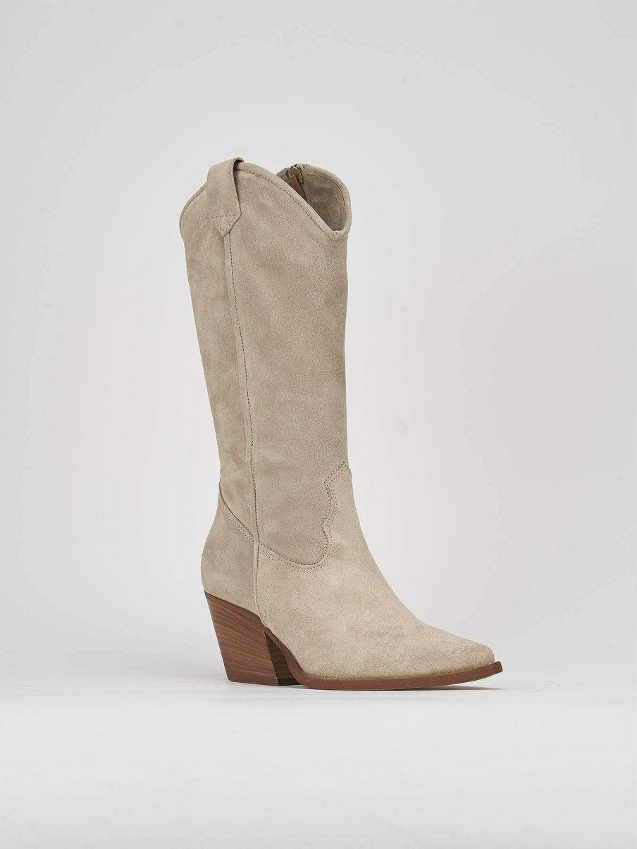 Donna Barca | Stivali Tacco Alto Tacco 7 Cm In Camoscio Beige