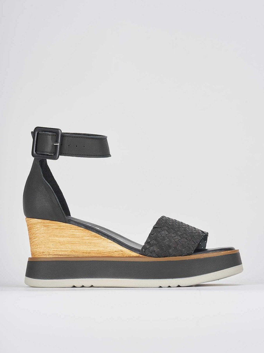 Donna Barca | Sandali Zeppa Tacco 8Cm Pelle Nero