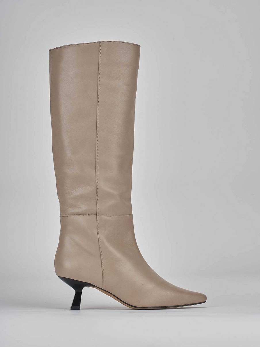 Donna Barca | Stivali Tacco Alto Tacco 5 Cm In Pelle Beige